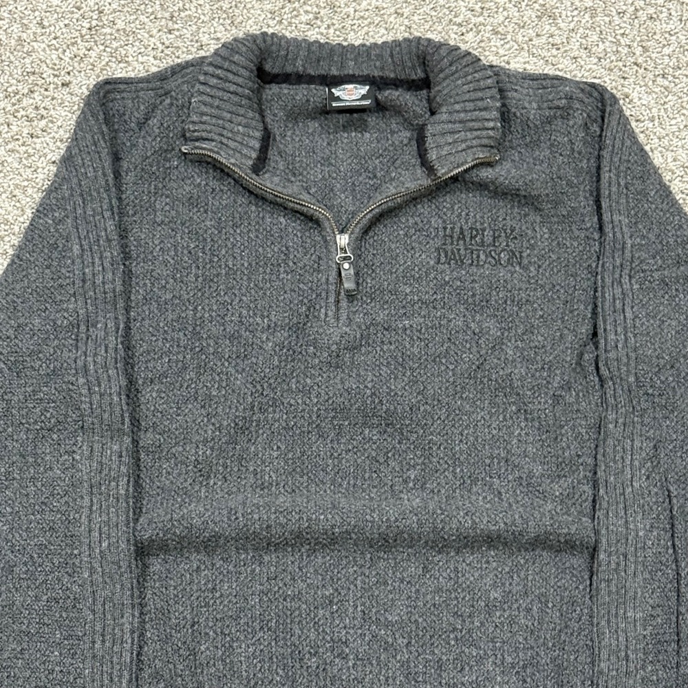 Y2K Harley Davidson Quarter Zip Sweater Charcoal Grey Knit Biker Logo Mens L
